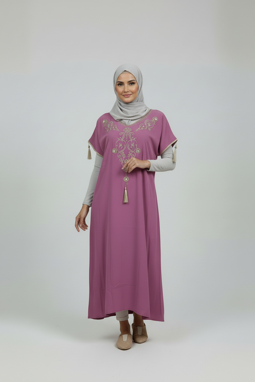 Gandoura rose dorée manche courte Robe d’intérieur– Coupe droite confortable.