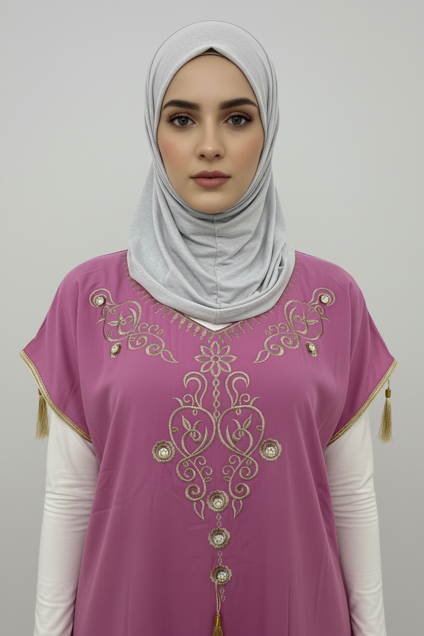 Gandoura rose dorée manche courte Robe d’intérieur– Coupe droite confortable.