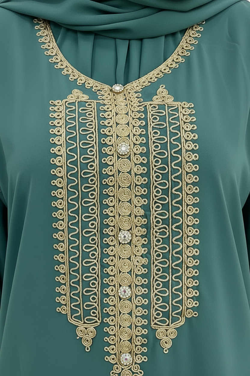 Gandoura longue vert canard à broderie dorée – coupe droite élégante