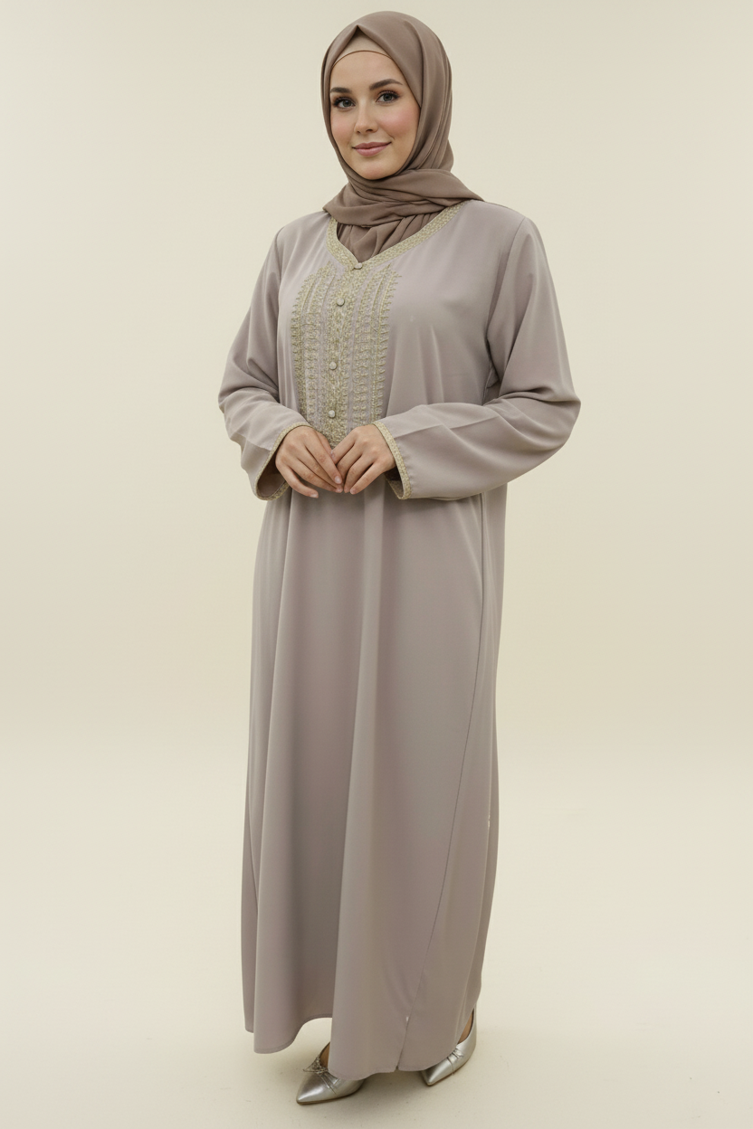 Gandoura longue beige marron clair à broderie dorée – coupe droite élégante